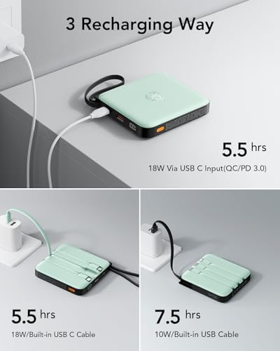 VRURC Powerbank 20000mAh Power Bank mit Kabel Klein USB C 22.5W QC3.0 Schnelles Aufladen Tragbares Ladegerät Externe Handyakkus Klein Aber Stark mit LED-Anzeige für iPhone Huawei Smartphones (Grün) 5