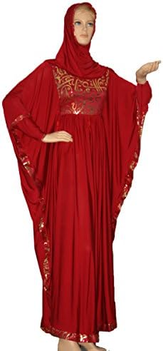Egypt Abaya Women's Butterfly Printed Calligraphy Dress Red Plus Scarf