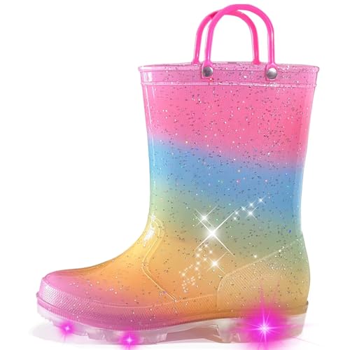 Toddler Rain Boots for Girls Boys, Kids Rain Boots Light Up Glitter Boot Waterproof Shoes with Easy on Handles