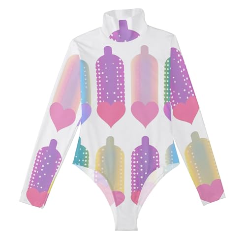 Condones lindos y coloridos trajes de cuerpo de manga larga para mujer, leotardo de cuello para mujer, lindas camisetas para mujer, para salir, cuello alto falso, talla M, Preservativos bonitos y