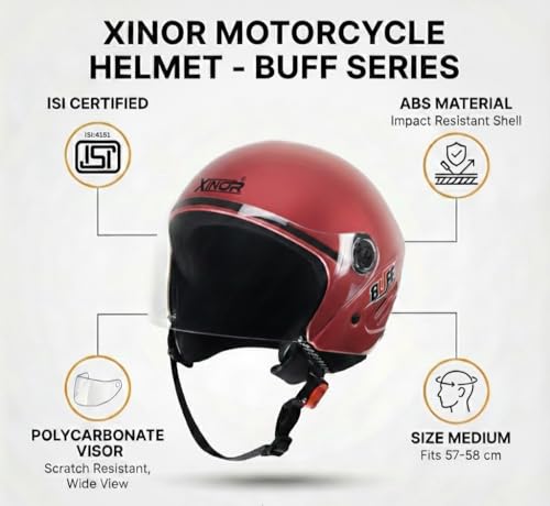 Image of Buff Open Face Motorcycle Helmet Medium | ISI Certified Bike Helmet for Men & Women | Lightweight ABS Shell with Clear Visor & Quick Release Strap for Scooter & Bike Riding (Matte Black)