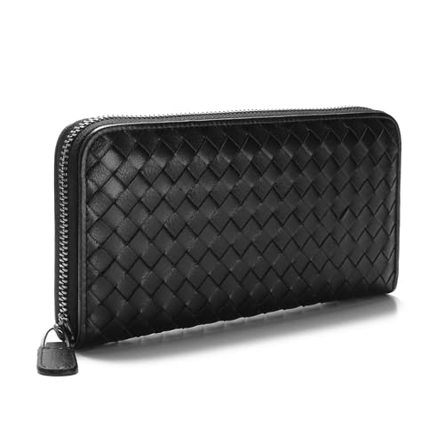 2R Braided Genuine Leather Zipper Wallet, Soft Lambskin, Woven Design (Black)2
