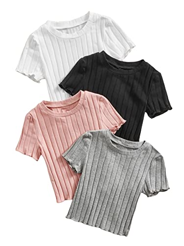 WDIRARA Toddler Girl's Lettuce Trim Ribbed Knit Round Neck Short Sleeve Tee Top 4 Piece Set