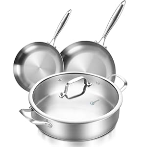 12 Inch Tri-ply Stainless Steel 5.5 QT Sauté Pan and 8-10 Inch Frying Pan Set of 3,Induction Cookware,Dishwasher and Oven Safe.