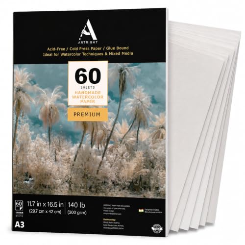 Image of ArtRight Artists' Watercolor Paper A3 300 GSM - 60 Sheets of Handmade Rough Grain Water Colour Papers for Watercolour, Acrylic, Gouache, Ink & Mixed Media