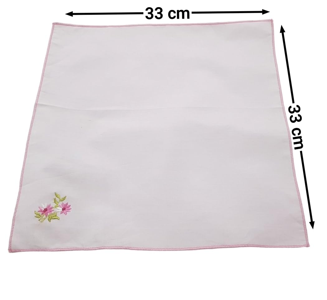 ANVIK Women/Lady Cotton Embroidery Floral Handkerchief .Hanky for Kids Girls for School Size 33cm by 33 cm (Multicolour) Pack of 6 (Multicolour) 1