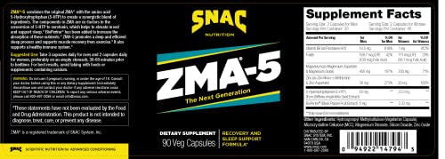 Snac Zma-5 Sleep Aid Supplement, Promote Muscle Recovery & Growth, Immune Support, & Restorative Sleep With Zinc, Magnesium & 5-Htp, Post Workout, Before Bed Zma Supplements 90 Veggie Capsules #TOP1
