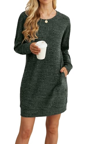 PrinStory Kleid Langarm Damen Winterkleid Lässig Rundhals Pulloverkleid Leicht Freizeitkleid Mit Taschen Strickkleid Longpullover (Armeegrün, L)