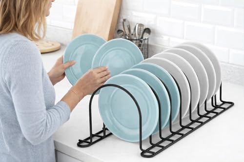 Image of Dish Rack Organizer for Kitchen - 7 Compartment Countertop Dish Drying Rack, Space-Saving Black Iron Dish Drainer Rack, 14 x 8 x 8 Inches