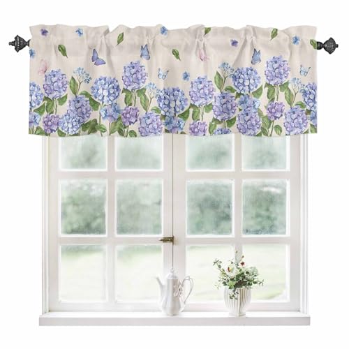 Image of SODIKA Kitchen Curtain Valance for Windows Spring Floral Hydrangeas 1 Panel, 54 x 18 Inch Rod Pocket Valance Window Treatments Short Curtains for Bathroom Bedroom, Floralsoa64115, FBMSODK-20240420