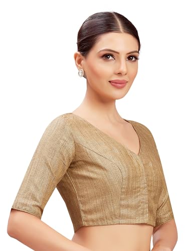 Image of Studio Shringaar Women's Golden Brocade V Neck Readymade Saree Blouse