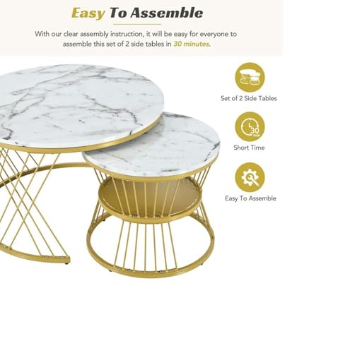 Image of The Round Coffee Table and The Stacking Tea Table with a Gold Metal Frame are Two Versatile Modern Center Tables that Look Great in Living Rooms (X White Gold)