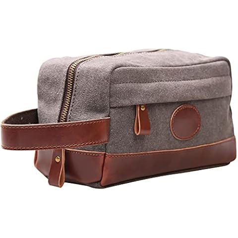 Vintage Leather Canvas Travel Toiletry Bag Shaving Dopp Kit #A001 (Grey) Cover