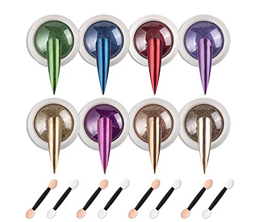 MISUD Chrome Nail Powder 8 Colors Holographic Mirror Effect Nail Powder Nail Art Decoration Manicure Pigment with 16Pcs Eyeshadow Sticks