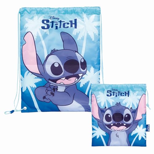 Superdiver Set de bolsa mochila de cuerdas y bolsa de merienda Stitch Licencia Oficial Disney - Ideal para colegio y guardería - Accesorio moda niño y niña - 100% Poliéster - Azul - 44x33 y 26x21 cm