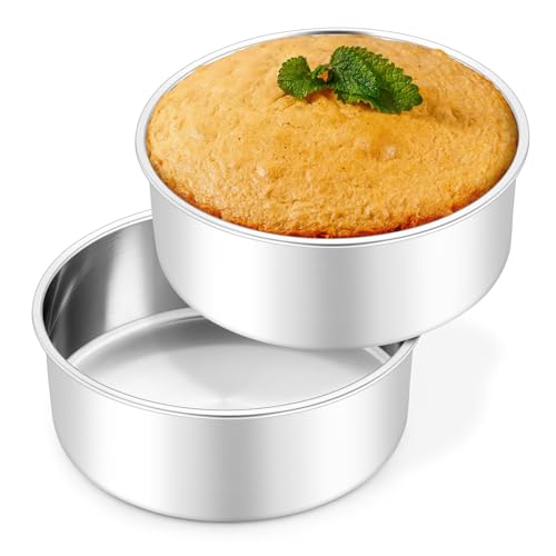 Leonyo 6 Inch Cake Pans, Stainless Steel Round Cake Baking Pans Set of 2, 6” x 3” Deep Baking Tins for Even Heating, Non Toxic & Healthy, Heavy-Duty, Dishwasher Safe