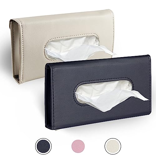 Langmeil Car Tissue Holder 2 Pack Sun Visor Napkin Holder Premium PU Leather Car Mask Holder for Sun Visor Vehicle with Tissue Refill Black&Beige
