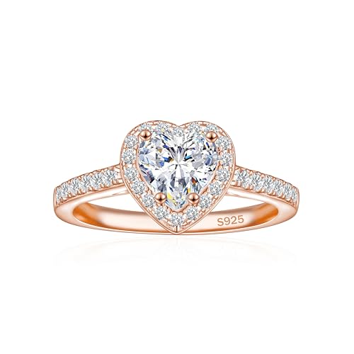 JALOKIVI 1CT 925 Sterling Silver Engagement Rings for Women Heart Cut Halo Cubic Zirconia Wedding Rings for Women Promise Rings for Her Rose Gold Size 6
