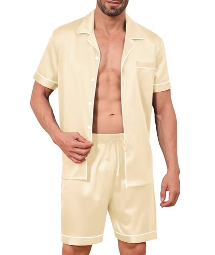 Elainone Ensemble de pyjama en soie pour homme en satin, pyjama en satin pour homme, pyjama deux pièces à manches courtes, vêtements de détente avec...