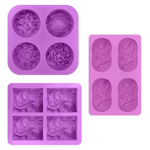 Dewocke 3 Stück Seifenformen Silikon, 4 Hohlraum Seifen Silikonform Set, Lila Silikonformen Gießformen Seifen, Wiederverwendbar Seifen Formen Blumen für Seife DIY Formen, Kuchen, Pudding, Schokolade