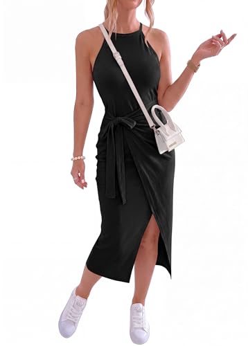 Image of NOLLSOM Women Casual Sleeveless Striped Tank Midi Dresses Halter Neck Ruched Bodycon Dresses Tie Waist T Shirt Summer Dress
