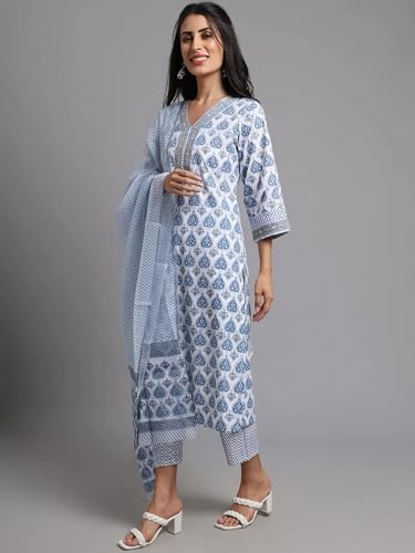 Tee Projekt Women's Cotton Blend Kurta Set With Dupatta | Kurta Set For Women | Festive Kurta Set For Women | Regular Fit Kurta Blue