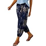 Womens Capri Pants Boho Casual Drawstring Harem Pants with Pockets Baggy Wide Leg Cropped Floral Beach Pants Summer