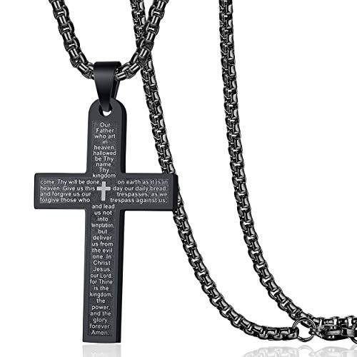 Rehoboth Stainless Steel Bible Verse Our Father Lord's Prayer Cross Pendant Necklaces For Boy Men Women 24" Chain Black #TOP14
