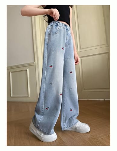Girls Jeans Cute Embroidered Denim Pants Ribbed Elastic Waist Casual Baggy Wide Leg Pants,5-13 Years4