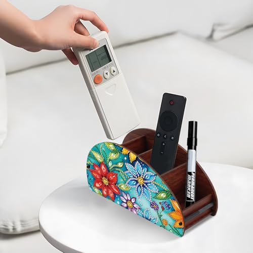 Image of DIY Diamond Painting Storage Box Floral Design Multi-Compartment Wooden Organizer for TV AC Remotes, Makeup Brushes, Pens, Desktop Tabletop Craft Storage