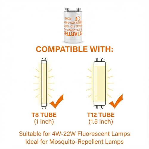 Stoents FS2 Fluorescent Starter for T8/T12 Tubes – 4-22W, Pack of 6, Dual Voltage 110-130V & 220-240V – Compatible with Mosquito Repellent Lamps
