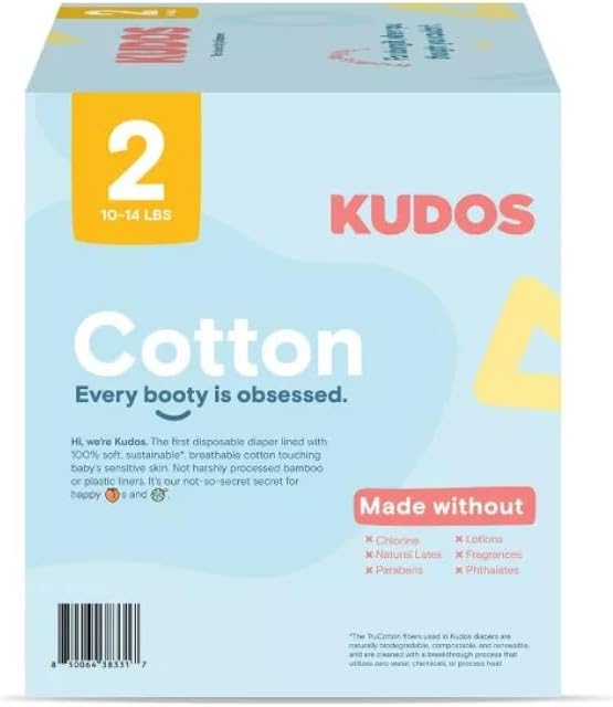 Kudos Chlorine Free Premium Diapers - 100% Cotton-Lined, Size 2, 10-14 lbs -66 Count