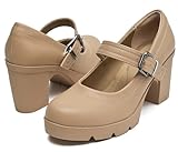 DADAWEN Women's Chunky Low Block Heels Mary Jane Closed Round Toe Pumps Comfortable Work Wedding Dress Shoes Nude US Size 9