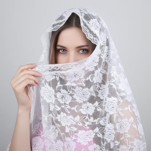 guduling 2 Pcs Chapel Veil, Catholic Veils for Mass, Lace Rose Cutout Head Coverings for Women Religious, Church Veils for Women Catholic, Velo Para La Iglesia, (White & Black)