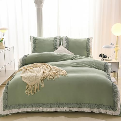 GETIYA Elegante ropa de cama de 200 x 200 cm, microfibra, color verde y blanco, diseño de volantes, doble capa, con volantes, con 2 fundas de almohada de 80 x 80 cm