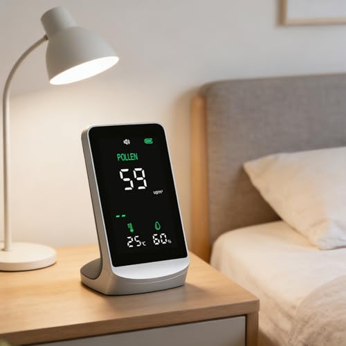 Fafeicy Detector de Polen Portátil 0-999ug/m³ Medidor de Concentración Probador de Temperatura y Humedad con Alarma en Tiempo Real para Personas Alérgicas Viajes Al Aire Libre