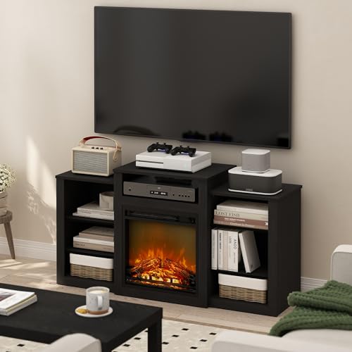Image of Furinno Jensen TV Stand with Fireplace, Entertainment Center, TV Console for TV up to 55 Inch with Fireplace, for Living Room, Bedroom, Dark Americano