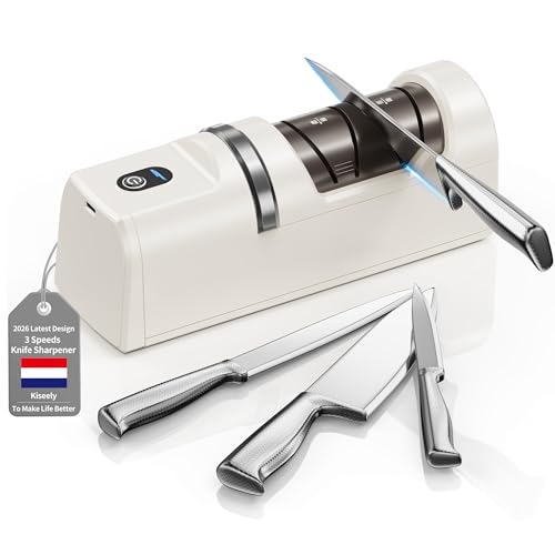 Aiguiseur de couteaux électrique, Système d'affûtage de couteaux 5 en 1 avec 3 vitesses, affûteur de couteaux professionnel rechargeable à diamant pour un affûtage grossier et fin (Blanc)