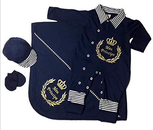 Saída Maternidade Menino Príncipe 4 Peças 100% Algodão Cor:Azul Marinho