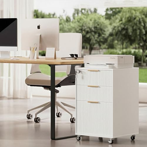 Image of 3 Drawers Fluted Mobile File Cabinet with Lock, Rolling File Cabinet Printer Stand Table, Under Desk Wooden Filing Cabinets for Home Office Essentials Storage Organization Furniture Letters /A4(White)