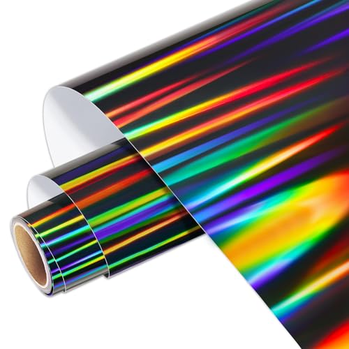 WRAPXPERT Holographic Vinyl Roll - Black Holographic Glossy Vinyl 12 x 5ft Chrome No Bubble for DIY Craft Decal
