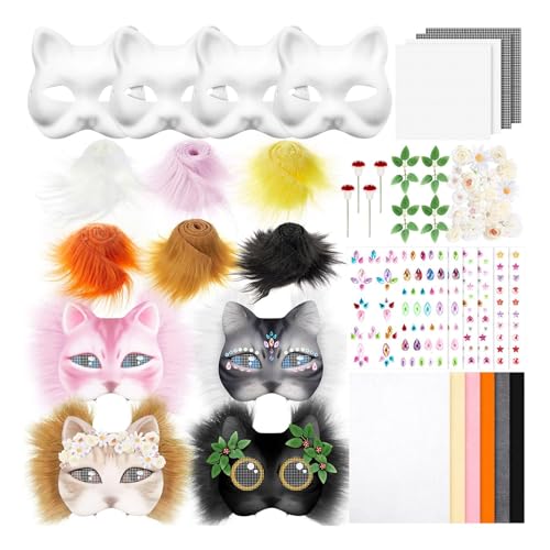 4 têtes de chat en papier blanc avec fourrure pour loisirs créatifs