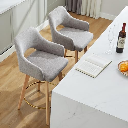 Image of Zesthouse Swivel Counter Stools Set of 2, Wooden Counter Height Bar Stools with Back & Arm, Upholstered Linen Fabric Barstools with Solid Wood Leg & Gold Footrest, Grey High Chairs for Kitchen Island