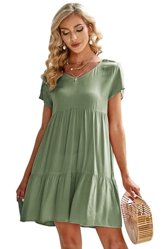 Image of Fangetey Women's V-Neck Tunic Dresses Short Sleeve Button Down Loose Casual Summer Short Flowy Swing Dress Green