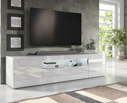 Furneo Clifton 08 – 200 cm Long TV Stand Unit Cabinet, Matt & High Gloss White Finish, White LED Lights