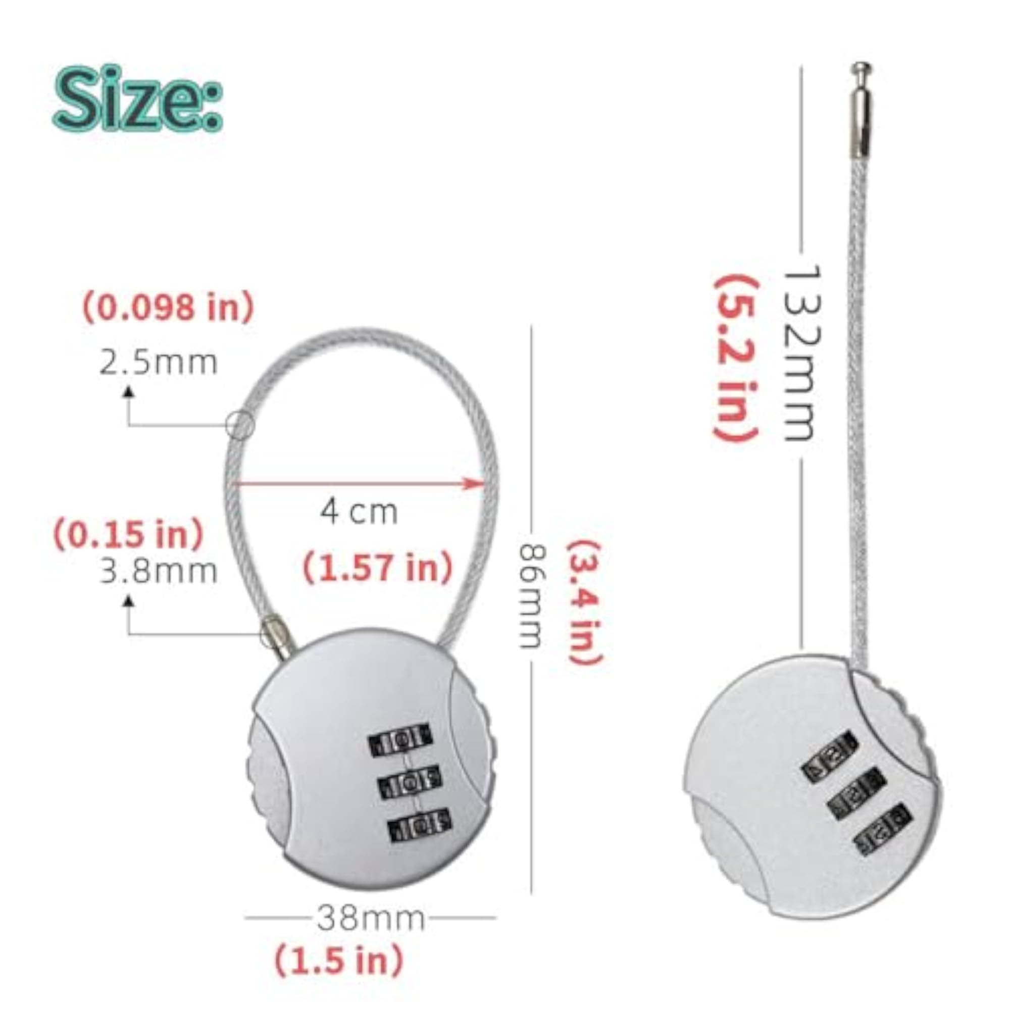 Premium 2 Pack Combination Cable Padlock with 3-Digit Resettable Password