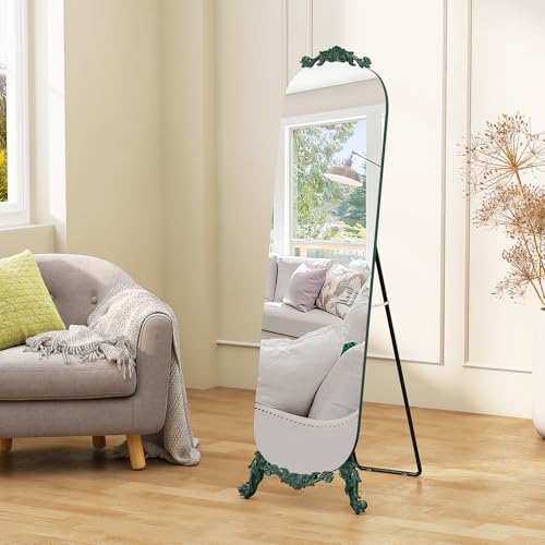 Image of Arched Full Length Mirror, 62 inchX20 inch Vintage Floor Mirror, Baroque Full Body Mirrors with Art Carved, Free Standing Leaning or Wall-Mounted Mirrors for Bedroom, Living Room, Entryway, Green