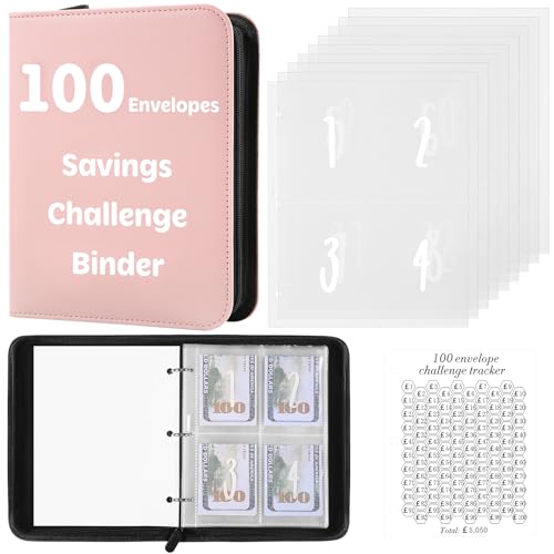 100 Envelopes Savings Challenge Binder, Budget Binder Wallet with Cash Stuffing for Planning, Fun & Easy Saving for Office, Home, School (Pink)