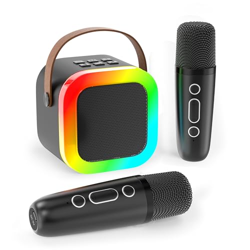 Koolcover Mini máquina de Karaoke para niños y Adultos, Altavoz Bluetooth portátil con 2 micrófonos inalámbricos, Juguetes de Regalo de cumpleaños para niñas de 8, 9, 10, 11, 12 años o más (Negro)