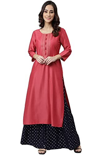 Image of Janasya Women's Pink Poly Silk Embroidered Straight Kurta